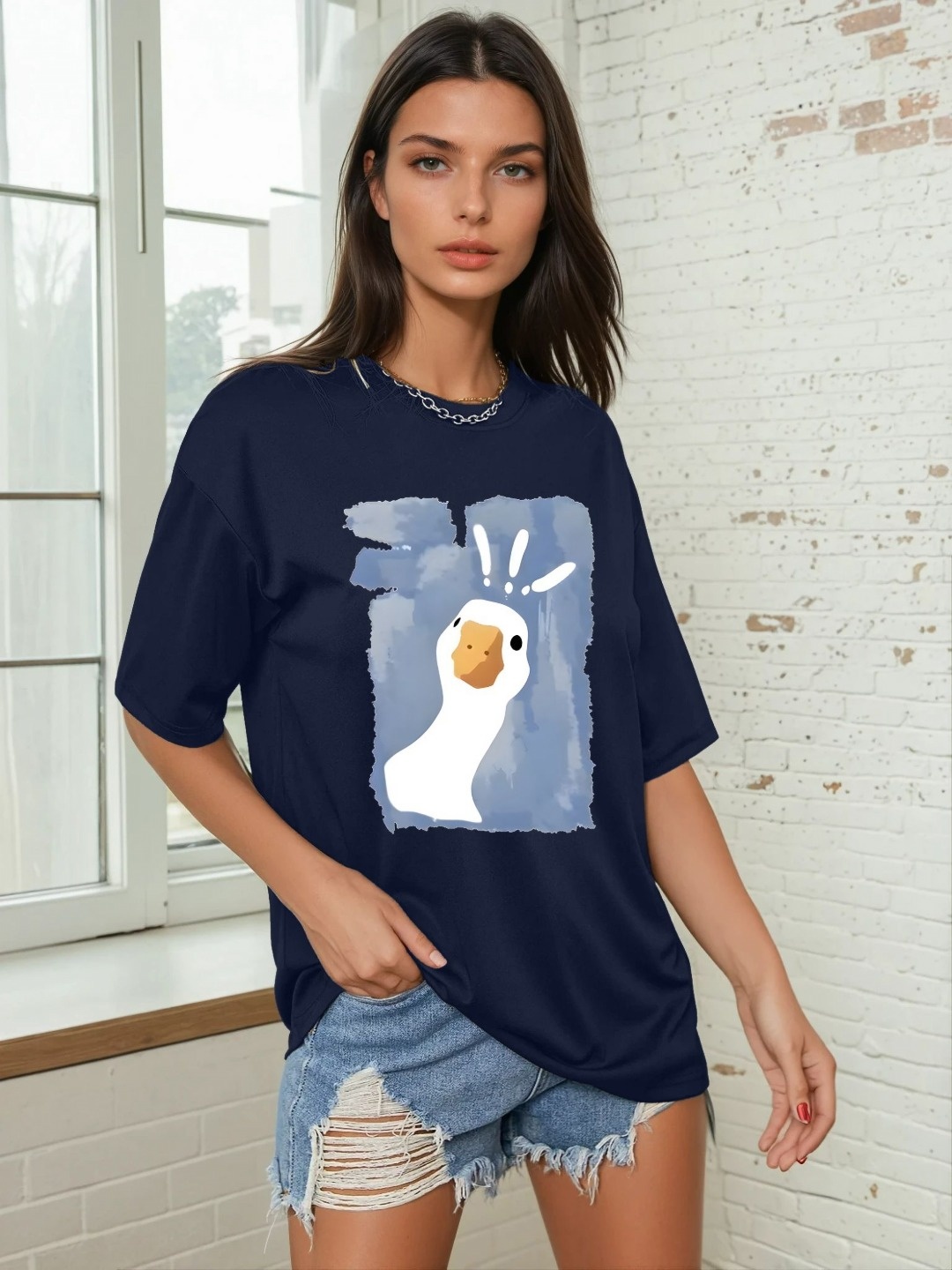 

CORSICA Women Graphic Printed Round Neck Oversized T-shirt, Navy blue