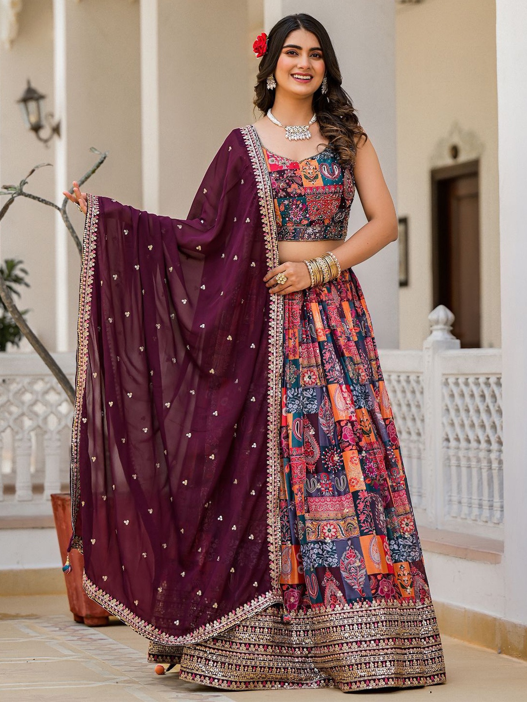 

ODETTE Printed Ready to Wear Lehenga & Blouse with Dupatta, Peach