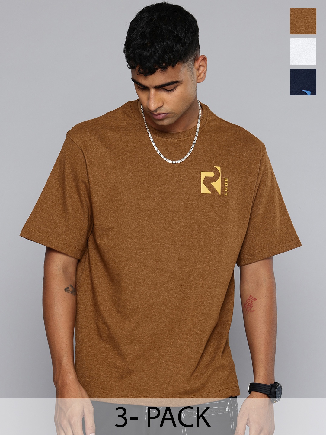 

R.Code by The Roadster Lifestyle Co. Men Pack Of 3 Solid Cotton Relaxed Fit T-shirts, Brown