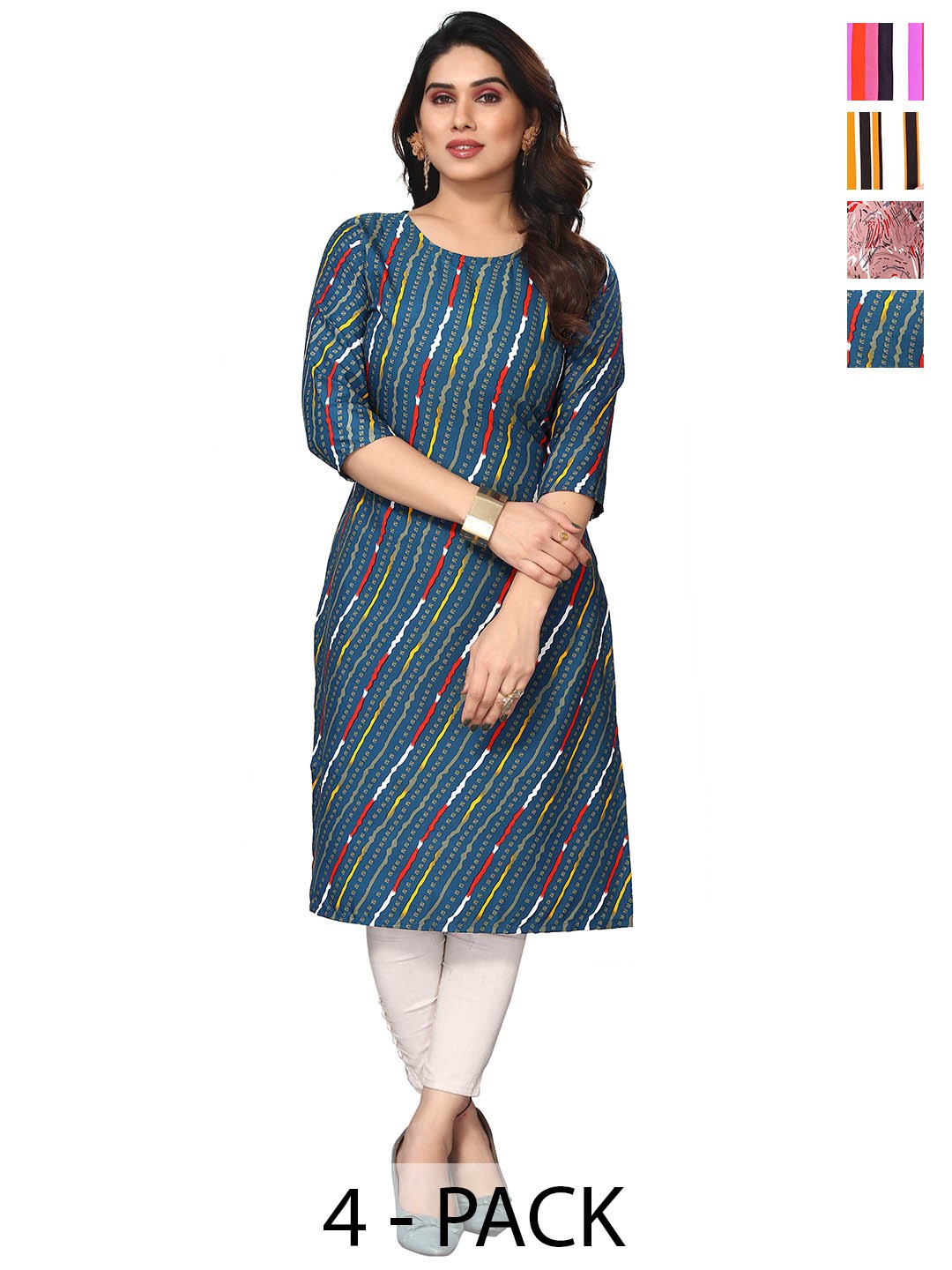 

KETAKI FASHION Selection Of 4 Striped Round Neck Straight Kurtas, Blue
