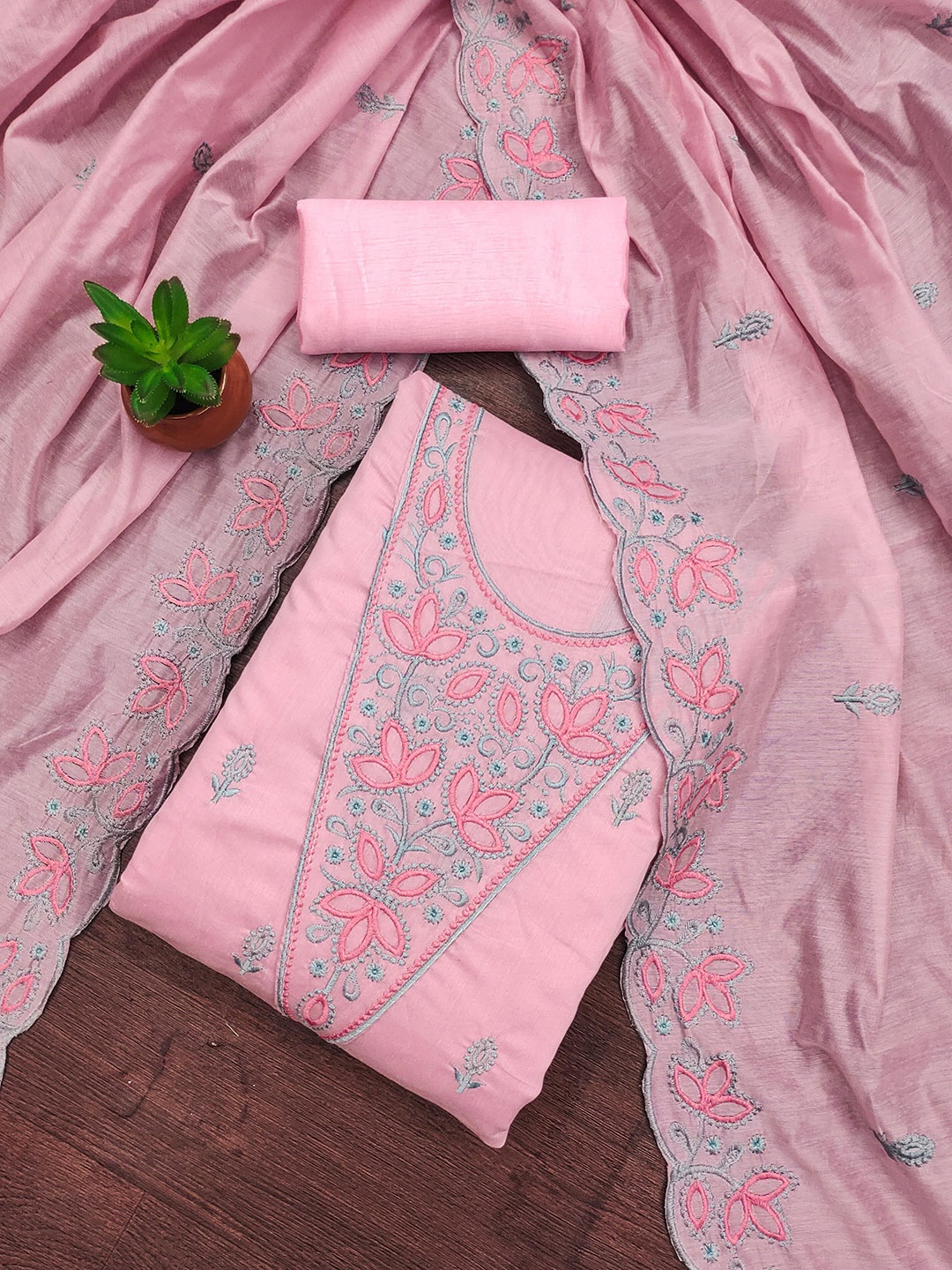 

MANVAA Floral Embroidered Chanderi Cotton Unstitched Dress Material, Pink