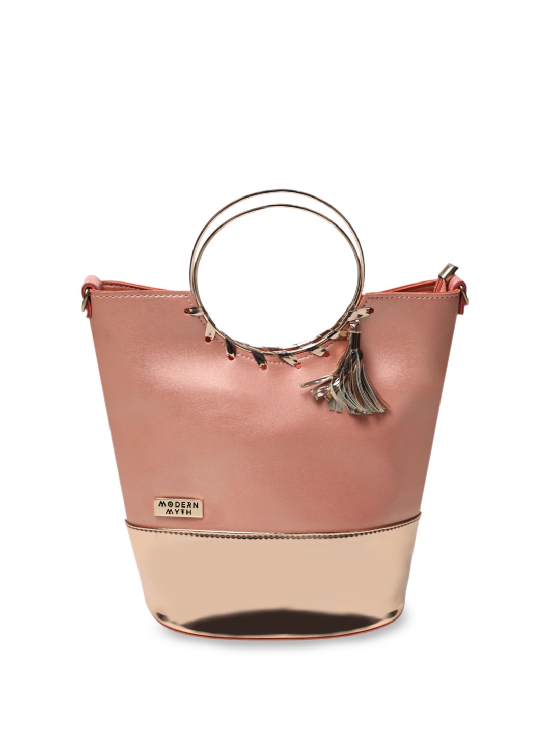 

MODERN MYTH Colourblocked Bucket Handheld Bag with Tasselled, Peach