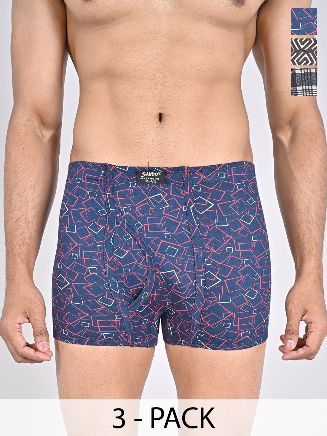 

SANDO Pack Of 3 Printed Cotton Trunks GENIUS-04-07-08, Blue