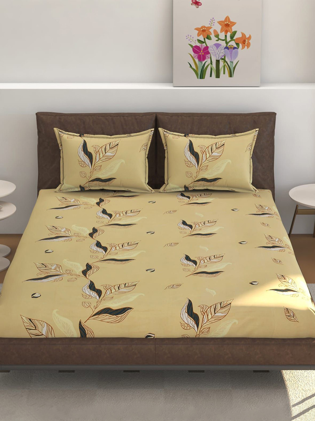 

CLIO'S HERITAGE STORE Beige Floral Cotton 210 TC Queen Fitted Bedsheet Set 1.77 m x 1.82 m