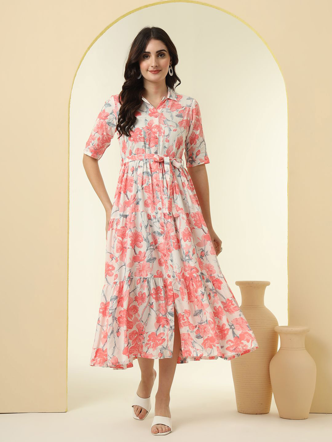 

KALINI Women Floral Print Fit & Flare Midi Dress, Pink