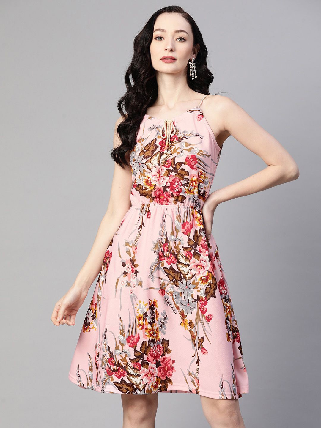 

KALINI Women Floral Printed Halter Neck Fit & Flare Dress, Pink