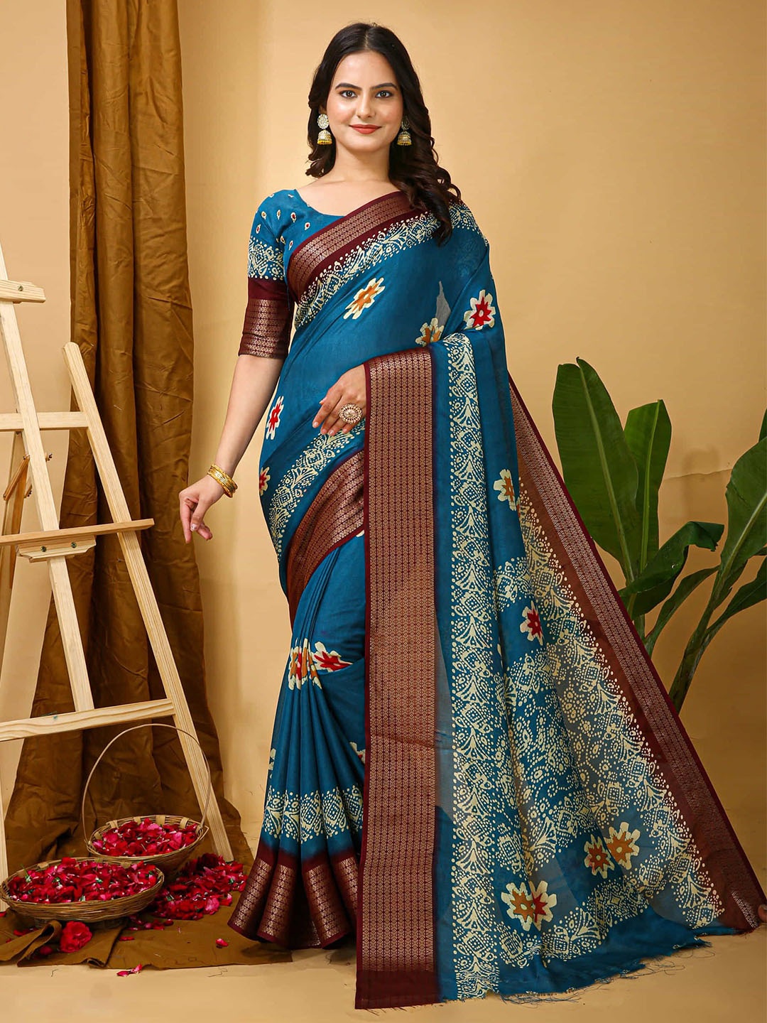 

KALINI Floral Printed Woven Design Zari Banarasi Saree, Blue