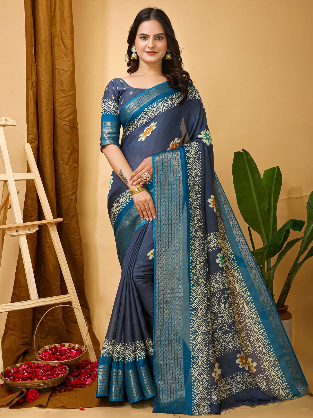 

KALINI Floral Printed Zari Banarasi Saree, Navy blue