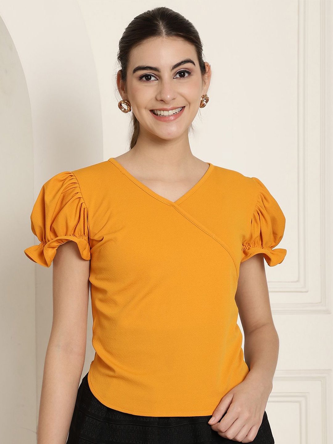 

Tromko Women Solid V-Neck Wrap Top, Yellow