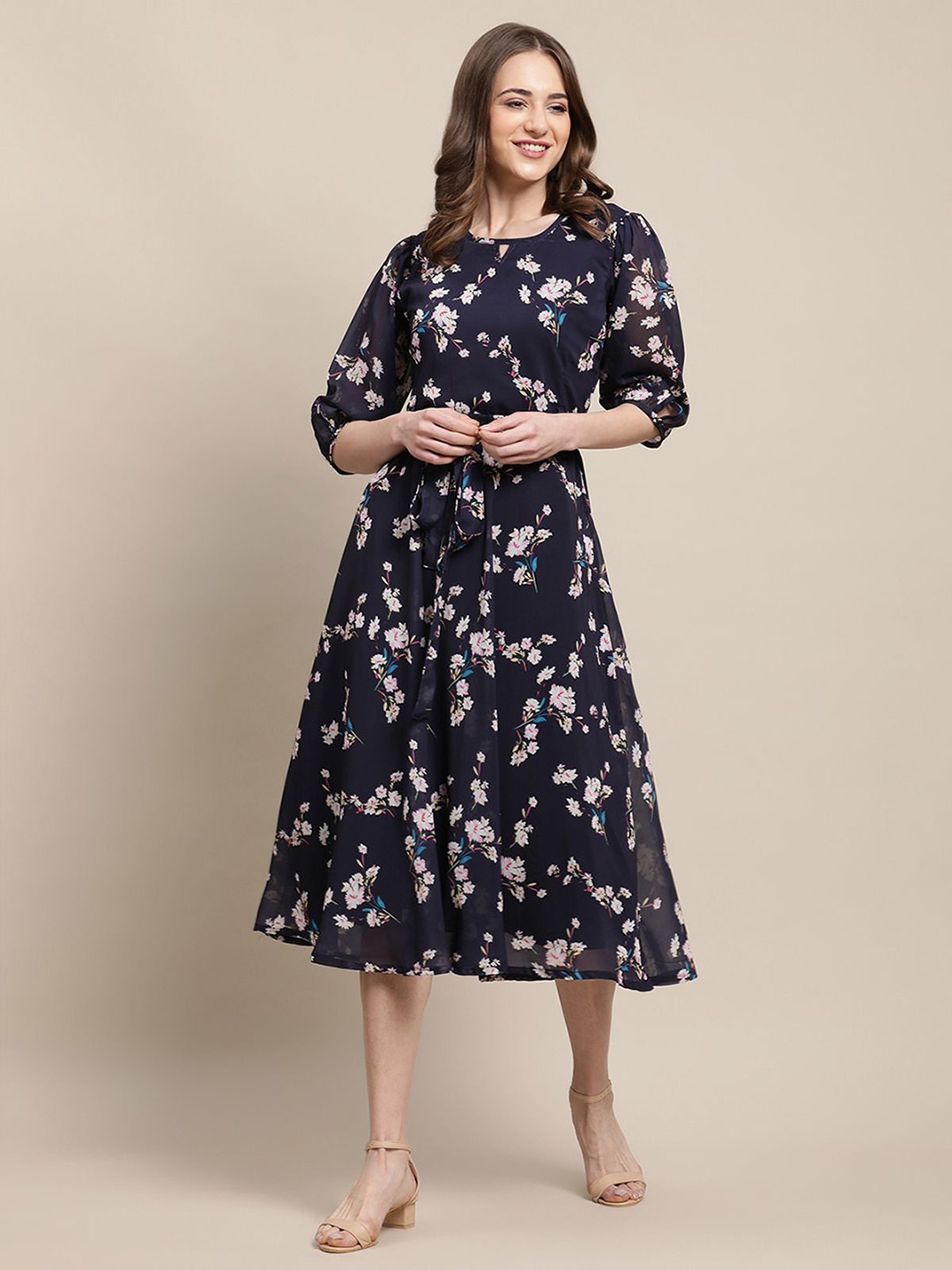 

Metronaut Floral Printed Cut-Out Puff Sleeve Georgette Fit & Flare Midi Dress, Navy blue