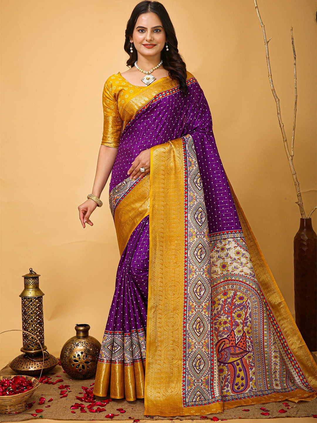 

KALINI Ethnic Motifs Zari Art Silk Banarasi Saree, Purple