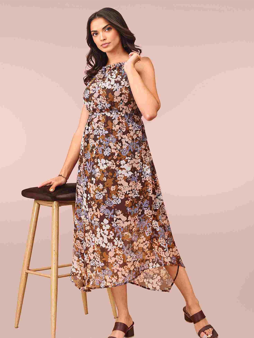 

DressBerry Women Floral Printed Fit & Flare Midi Dress, Brown