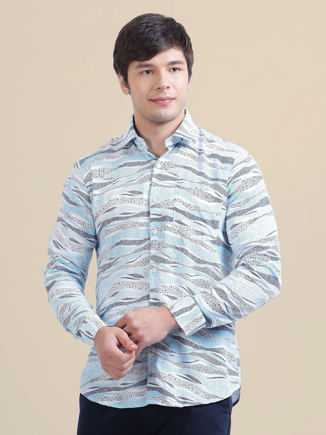 

AMSWAN Men Spread Collar Abstract Printed Casual Shirt, Blue