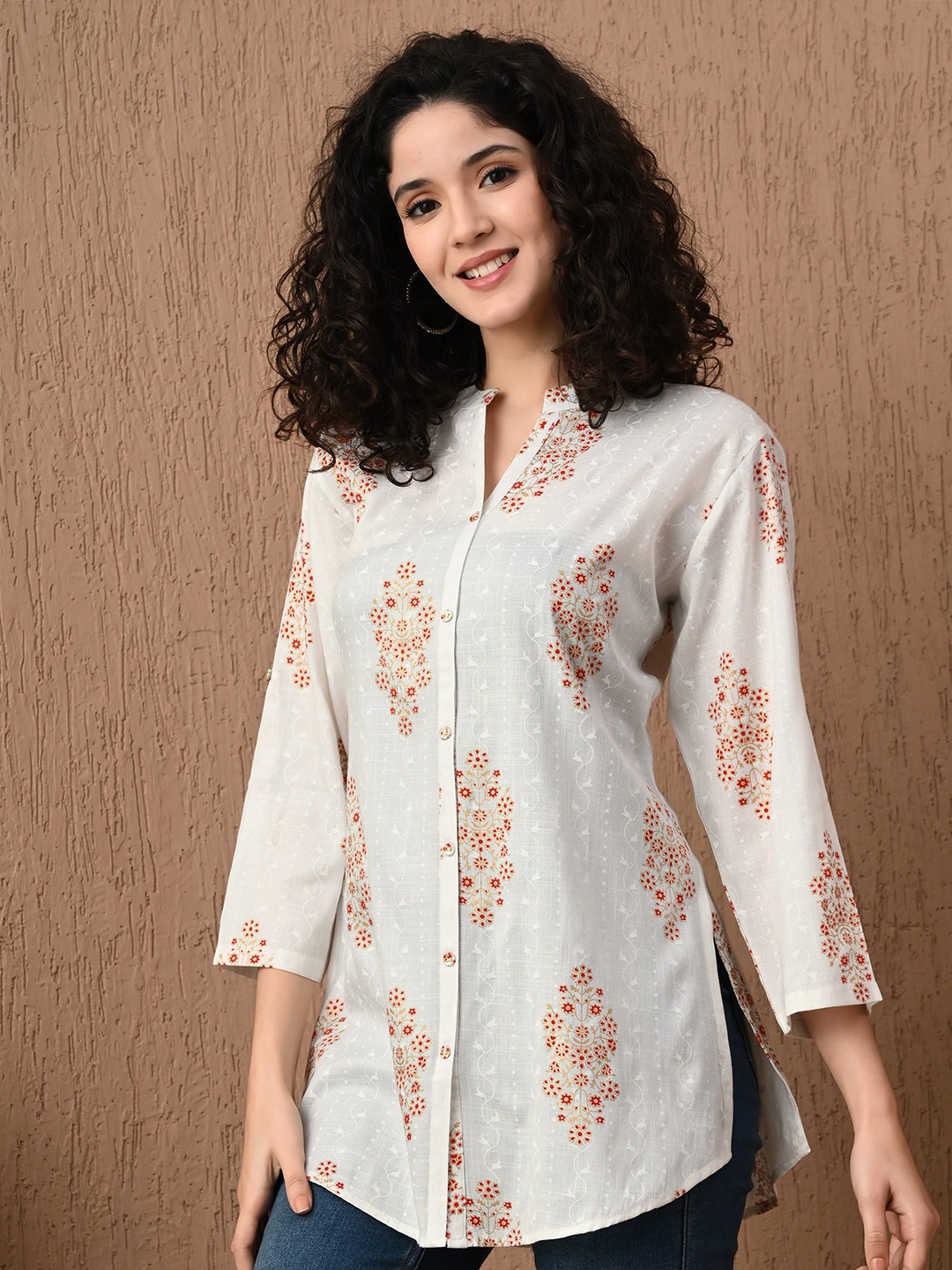 

MEESAN Mandarin Collar Printed Tunic, White