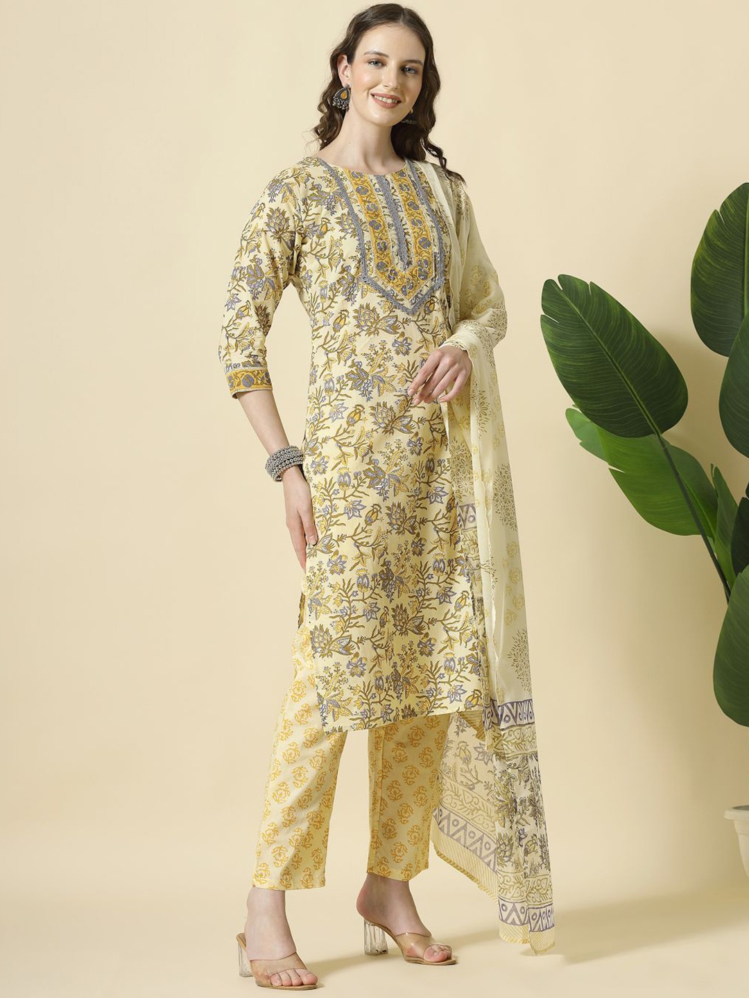 

Yufta Floral Printed Sequinned Pure Cotton Kurta With Trousers & Dupatta, Cream