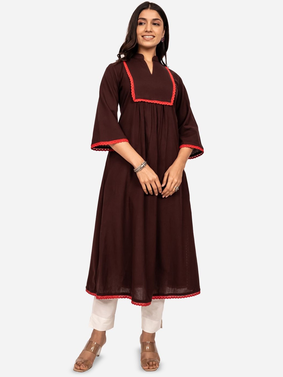 

INDIE JHOLA Mandarin Collar Pleated Thread Work Cotton Flax A-Line Kurta, Brown