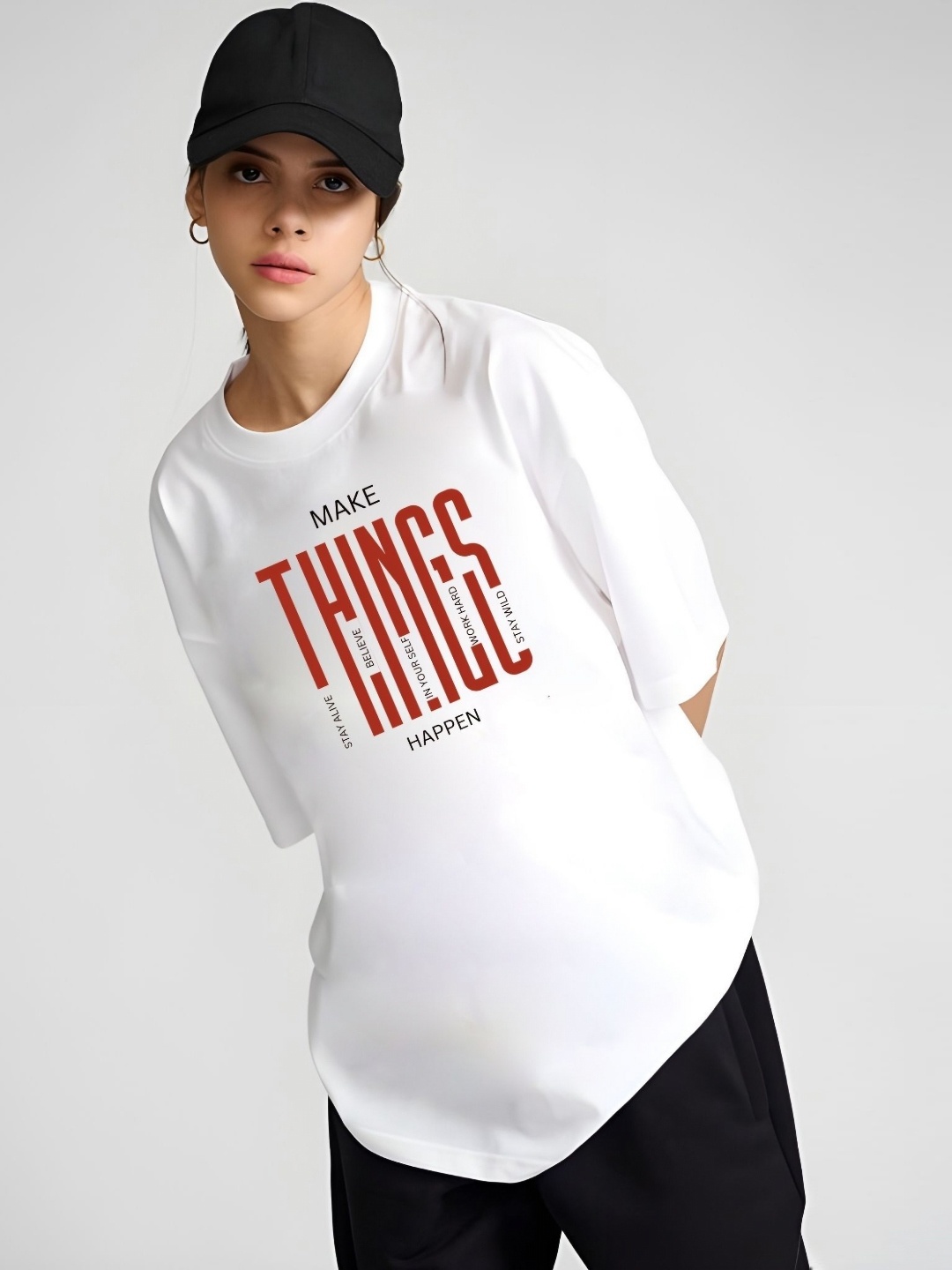 

Moda Rapido Women Typography Printed Round Neck Cotton Oversized T-shirt, White