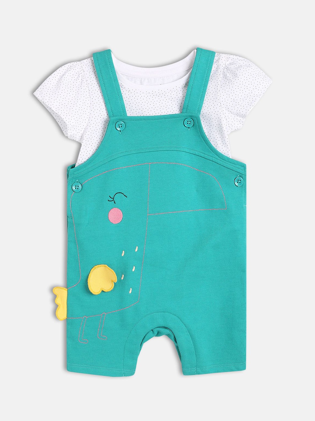 

MINI KLUB Girls Cotton Straight Leg Applique Dungaree With Top, Green