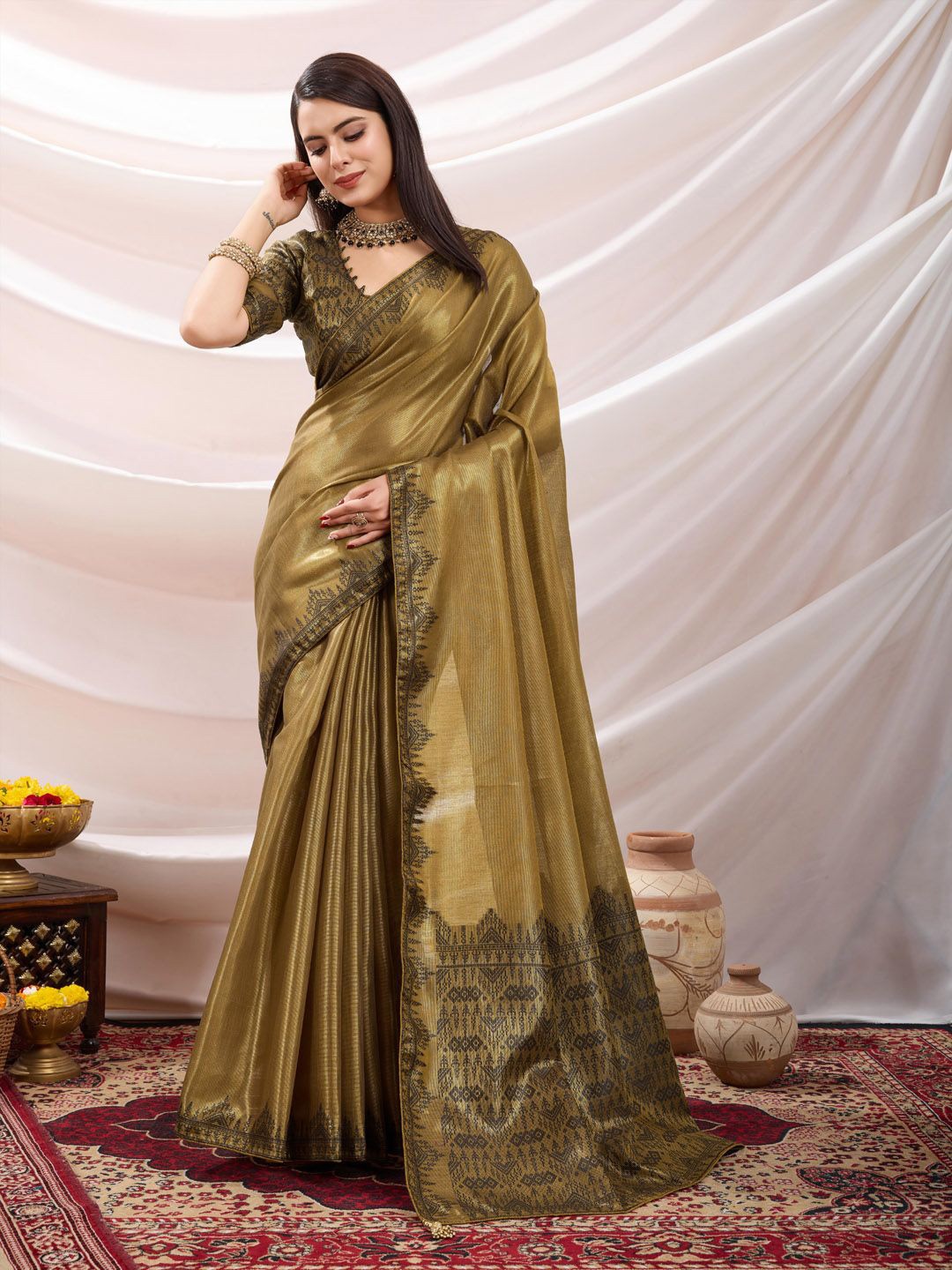 

Meena Bazaar Floral Art Silk Saree, Gold