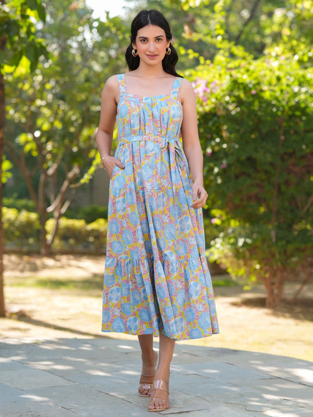 

Janasya Women's Light Blue Pure Cotton Floral Printed Tiered Dress