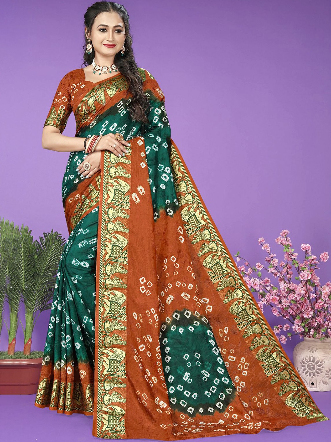 

Bandhanivilla Bandhani Art Silk Bandhani Saree, Green
