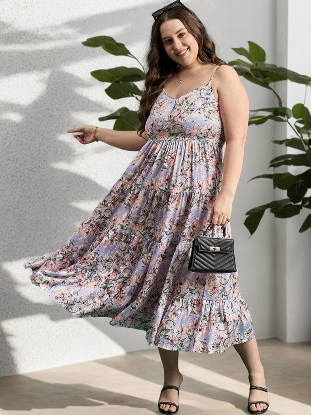 

ANJIR Women Floral Printed Crepe Fit & Flare Midi Plus Size Dress, Purple