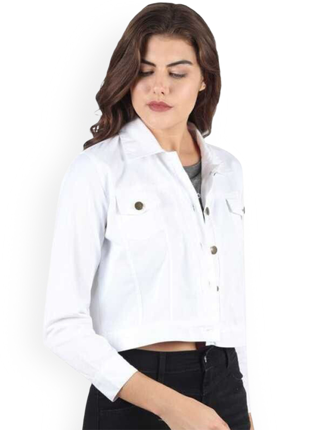 

KASHIAN Women Spread Collar Solid Casual Denim Jacket, White
