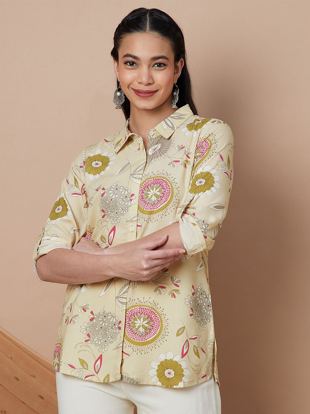 

Melange by Lifestyle Floral Printed Shirt Collar Kurti, Off white