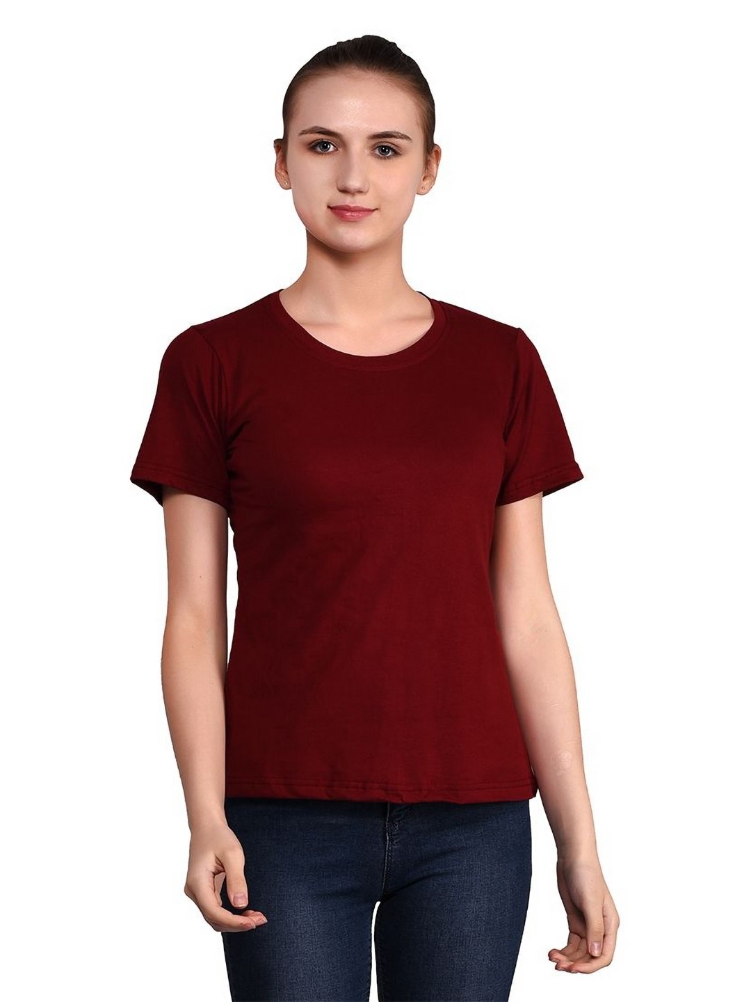 

BEYOU FASHION Women Solid Round Neck Cotton T-shirt, Maroon