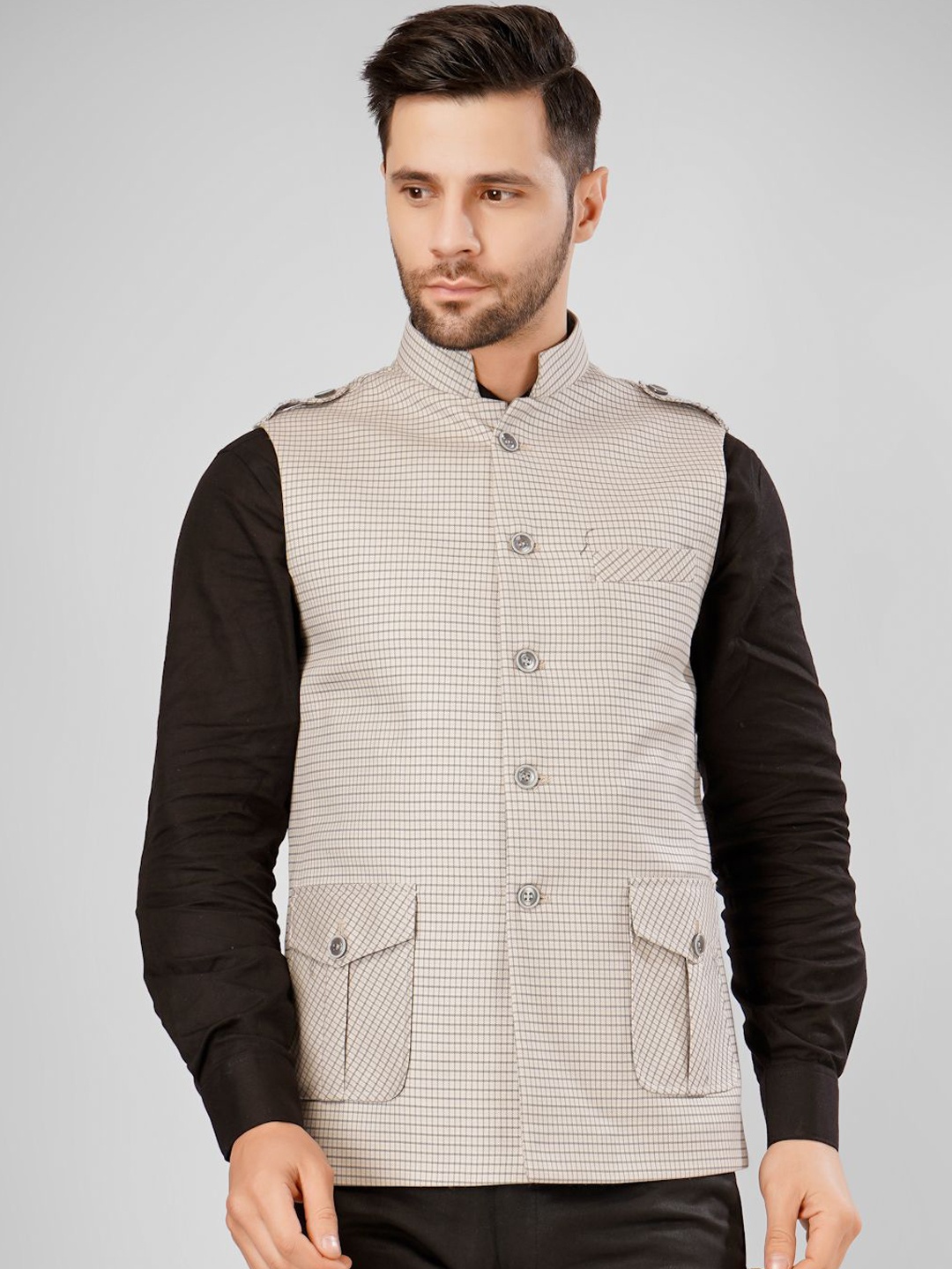 

Wintage Checked Pure Cotton Nehru Jacket, Silver