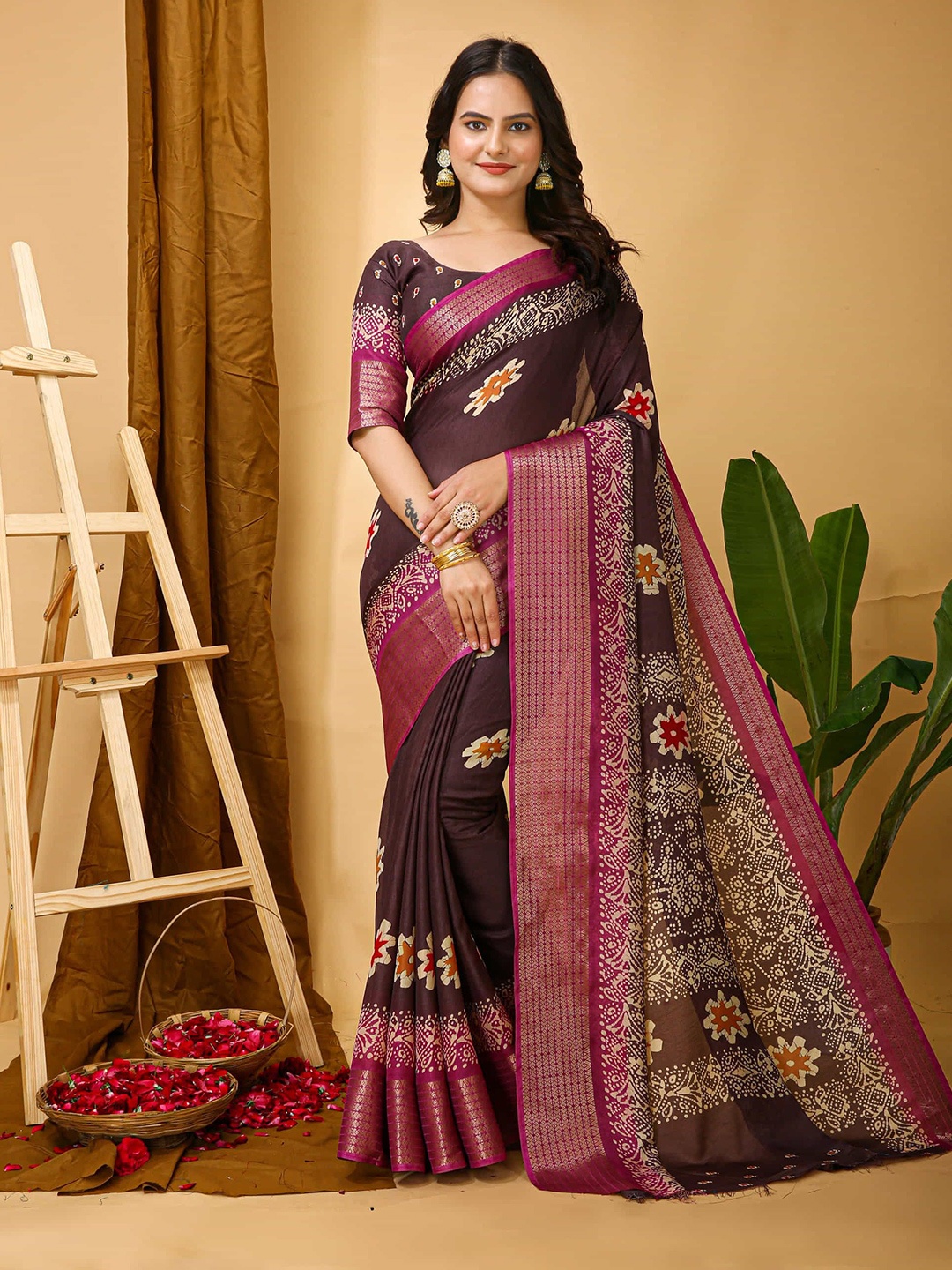 

KALINI Floral Zari Art Silk Banarasi Saree, Brown