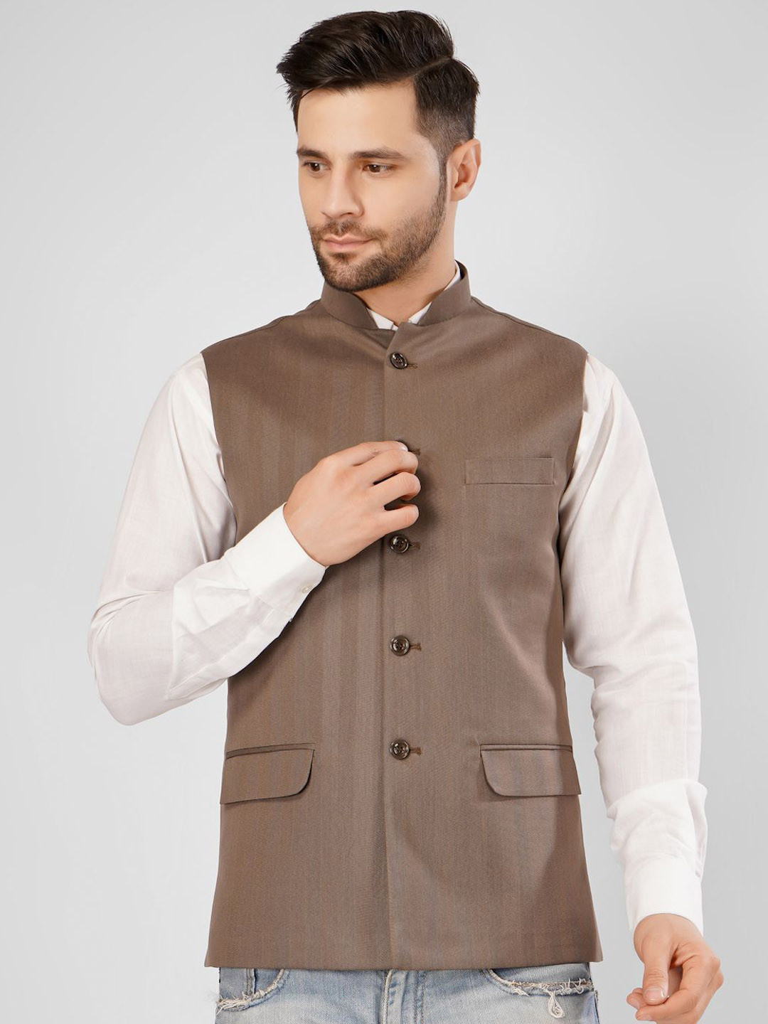 

Wintage Men Striped Nehru Jacket, Brown