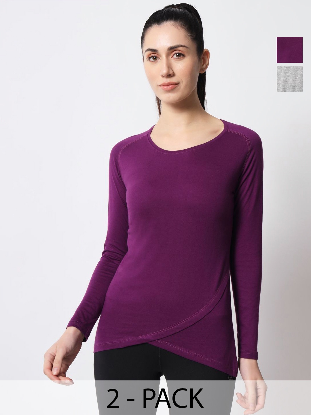 

appulse Women Pack Of 2 Solid Round Neck Cotton Slim Fit T-shirts, Purple