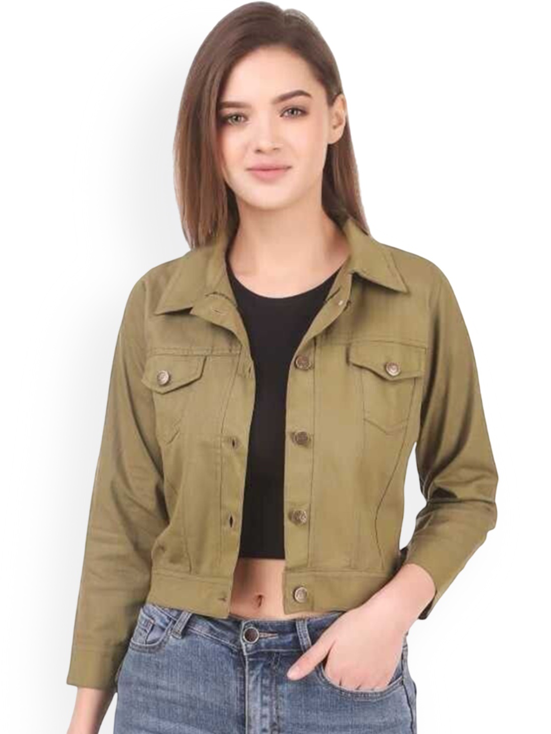 

KASHIAN Women Spread Collar Solid Casual Denim Jacket, Olive