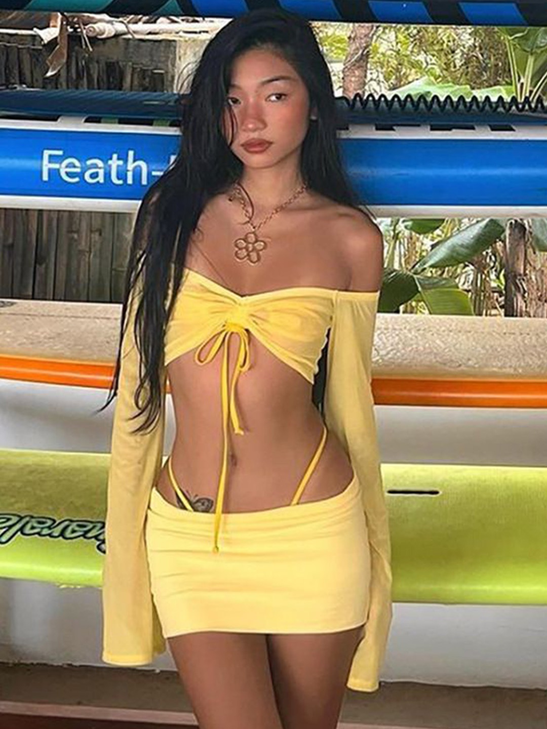 

StyleCast Yellow Off-Shoulder Long Sleeved Crop Top & Mini Skirt