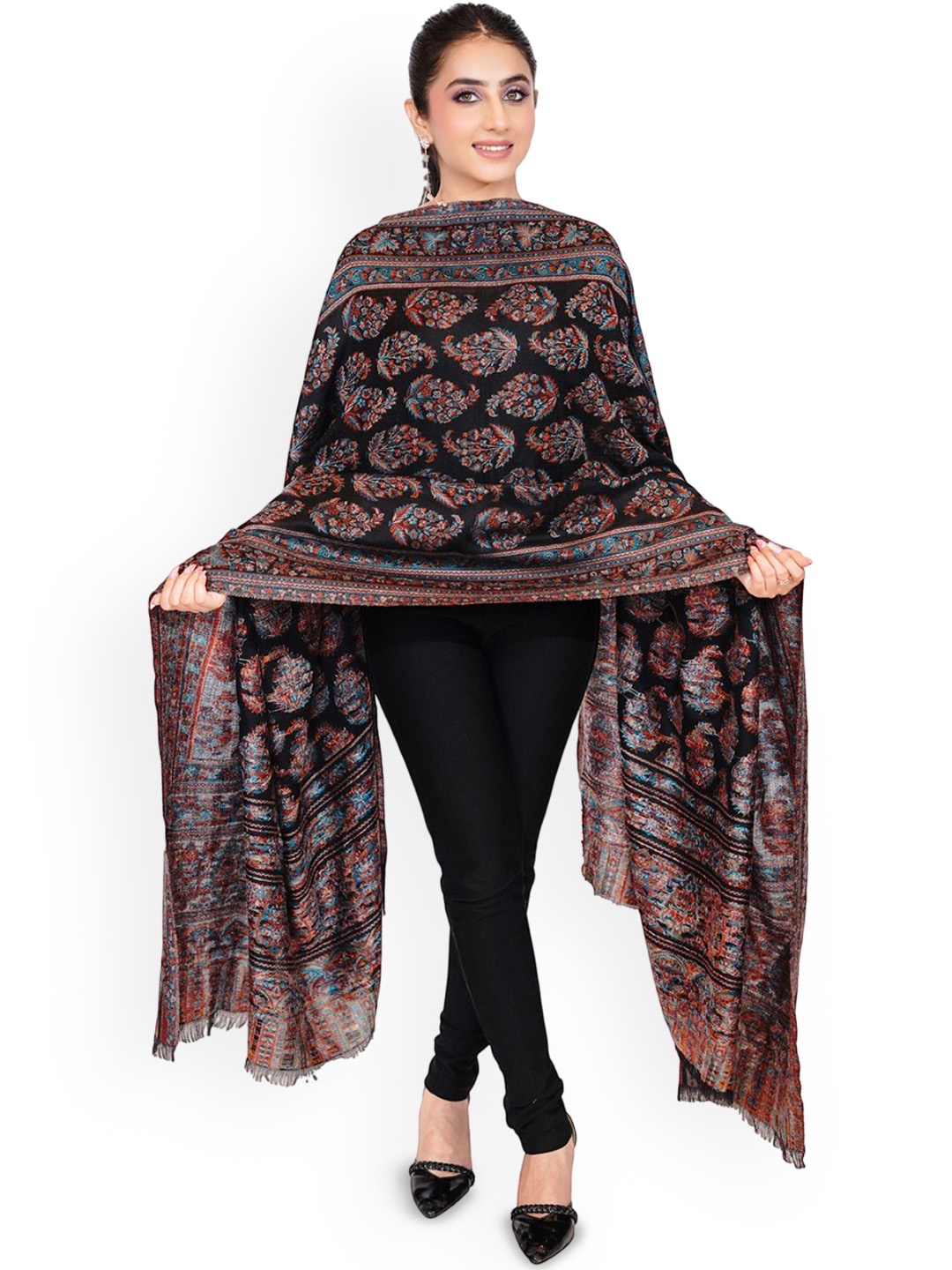 

PASHMAL INDIA PRIVATE LIMITED Floral Woven Design Woollen Shawl, Black