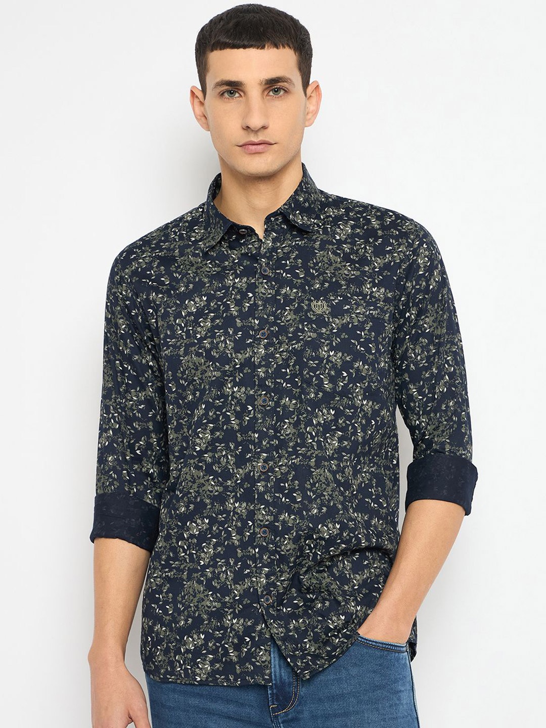 

Duke Men Spread Collar Floral Printed Cotton Casual Shirt, Navy blue
