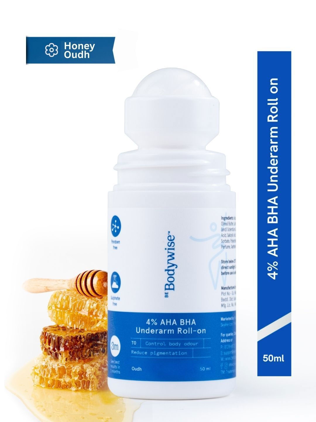 

Be Bodywise 4% AHA BHA Honey Oudh Fragrance & Fades Pigmentation Underarm Roll On-50ml, White