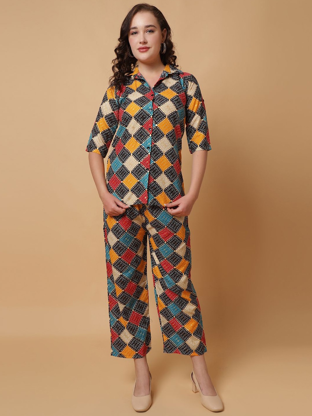 

ROSEMELON Geometric Printed Shirt Collar Shirt With Trouser, Black