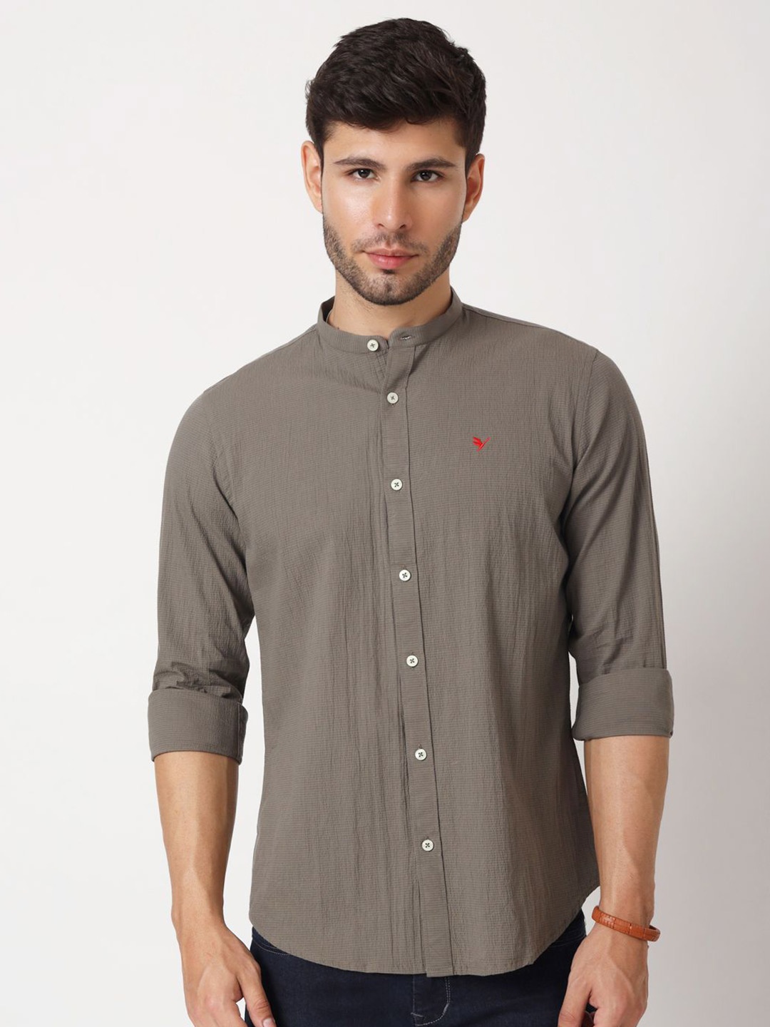 

AMSWAN Men Band Collar Textured Cotton Casual Shirt, Green