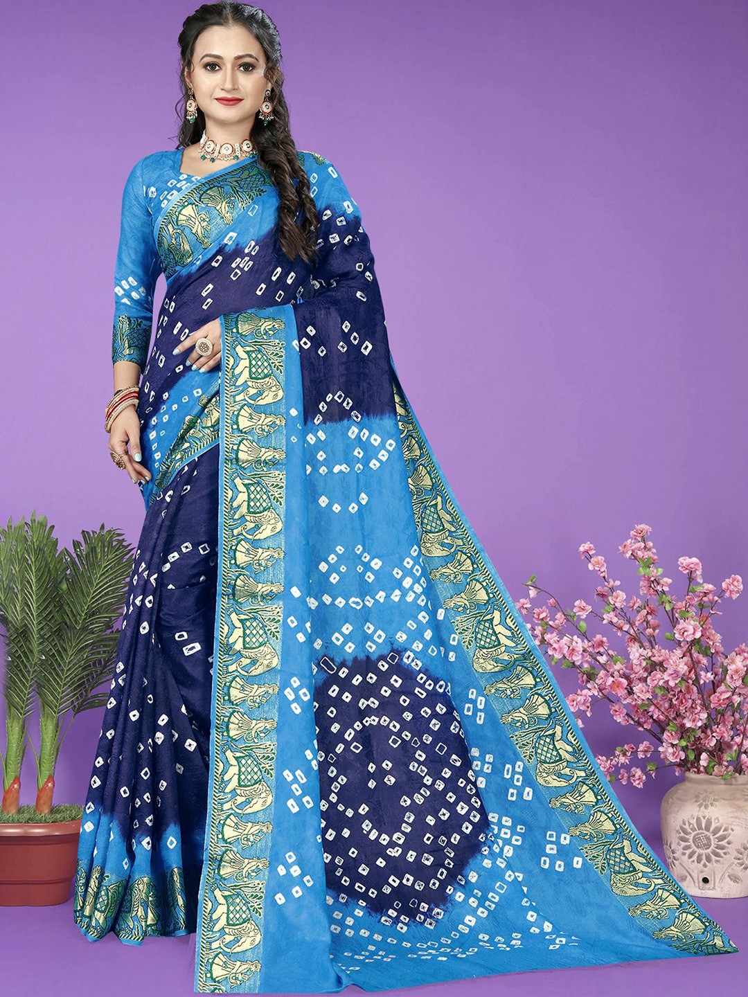 

Bandhanivilla Bandhani Art Silk Bandhani Saree, Blue