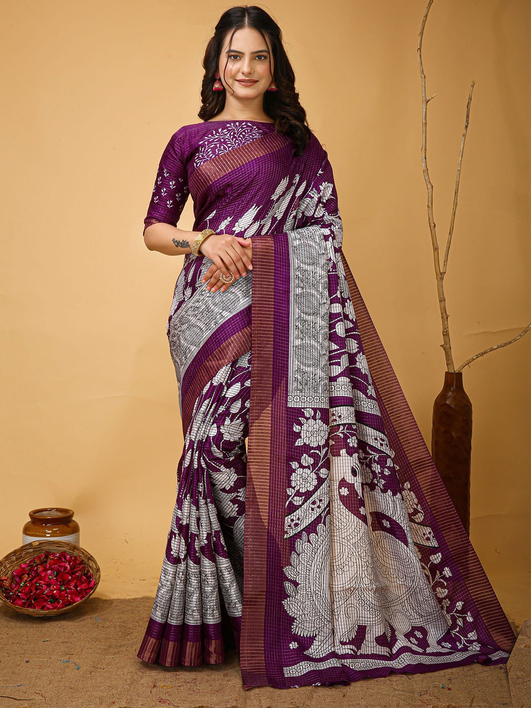 

KALINI Ethnic Motifs Zari Art Silk Banarasi Saree, Purple