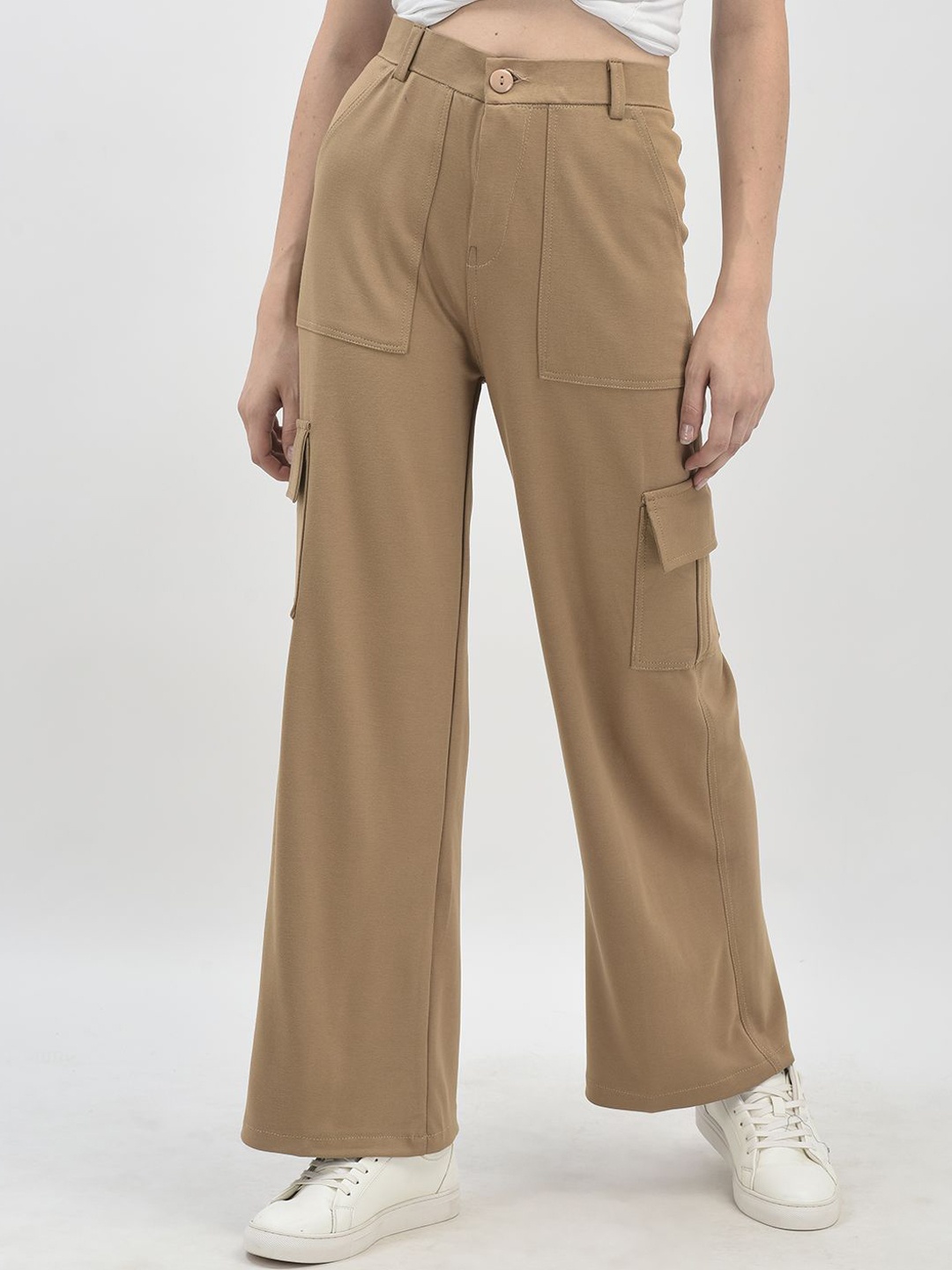 

FNOCKS Women Ultra Straight Fit High-Rise Trousers, Beige