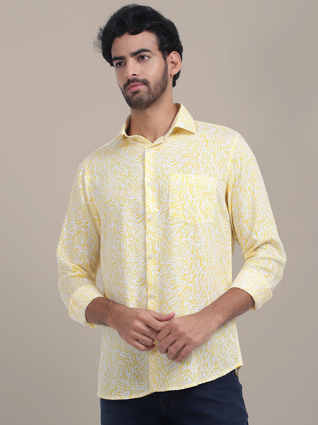

AMSWAN Men Spread Collar Abstract Printed Casual Shirt, White