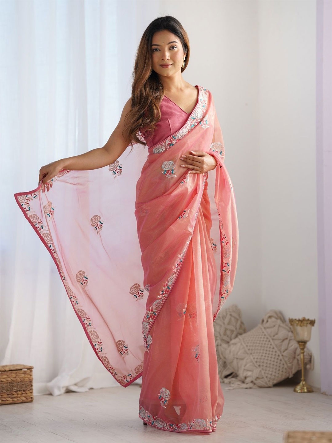 

ODETTE Peach Net Sequins Embroidered Saree With Unstitched Blouse For Women