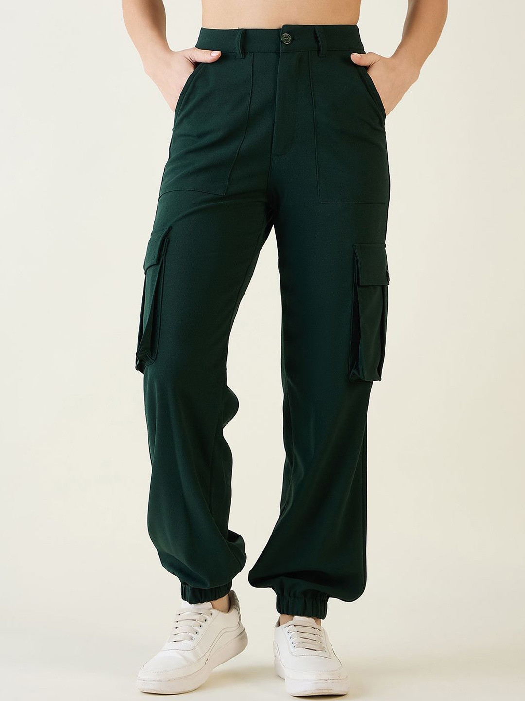 

aayu Women Relaxed Loose Fit High-Rise Wrinkle Free Joggers Trousers, Green