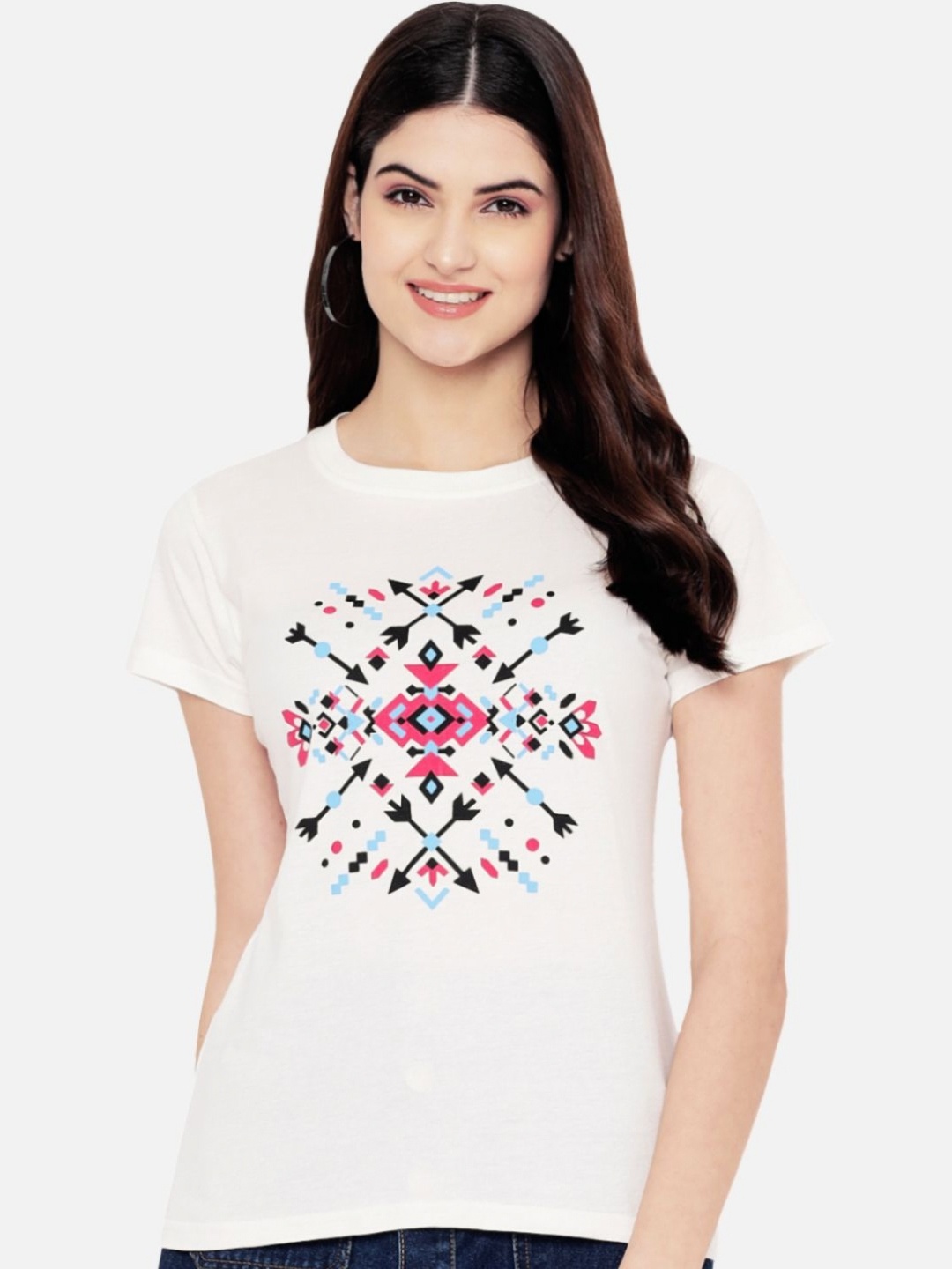 

CORSICA Women Regular Fit Geometric Printed Round Neck Cotton T-shirt, White