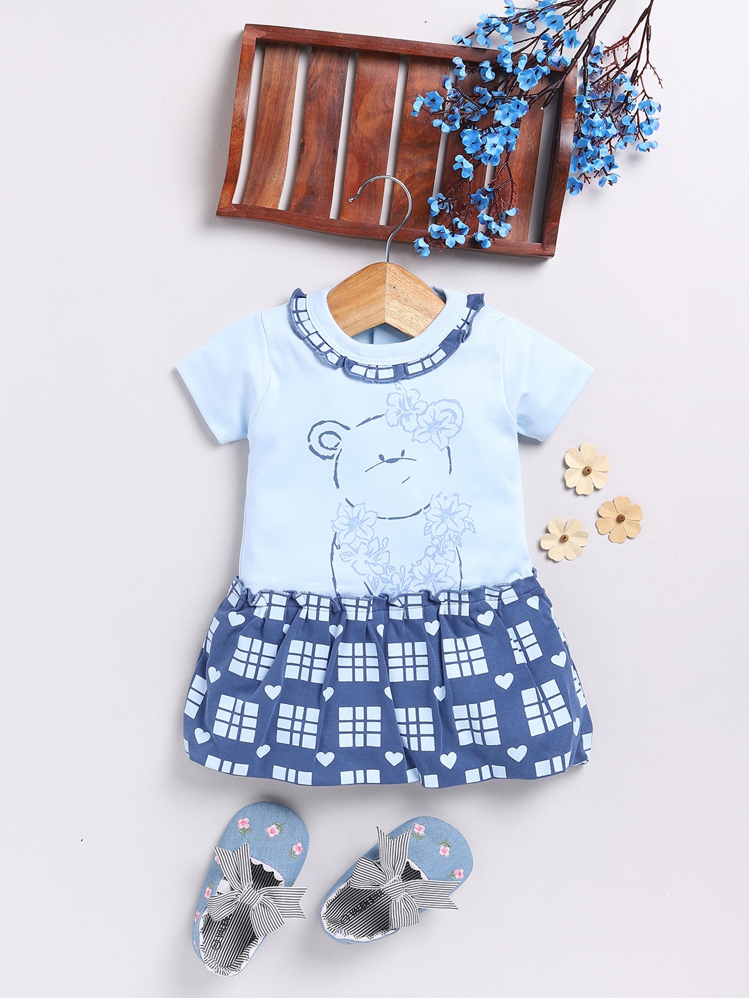 

YK X Tinyo Infant Girls Printed Ruffled Cotton Drop-Waist Dress, Blue