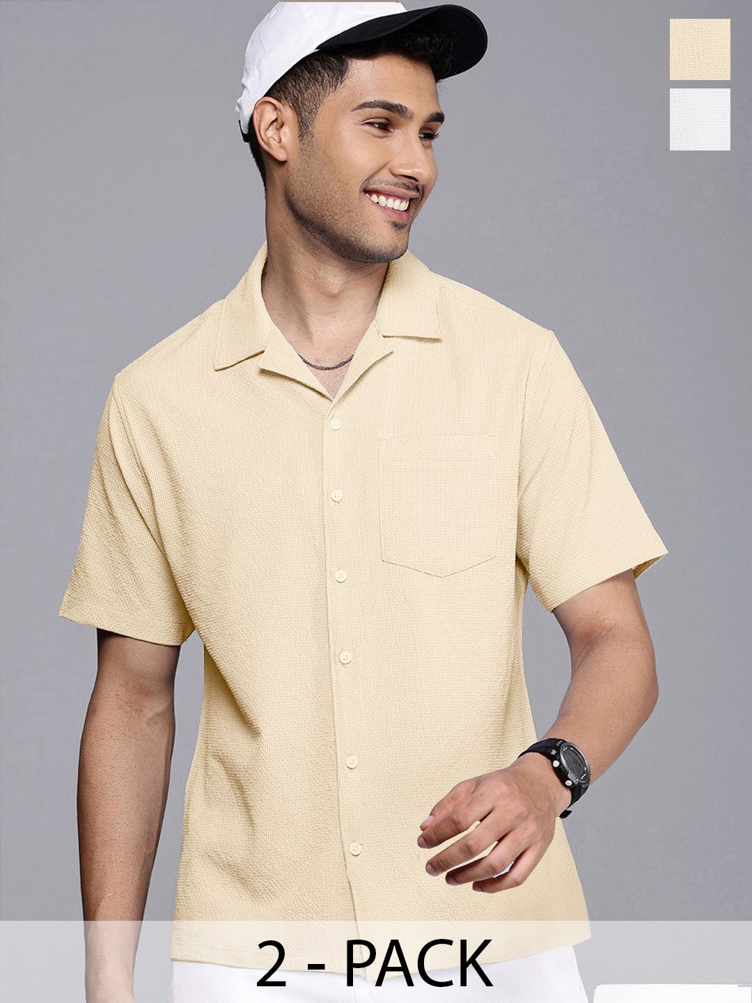 

Moda Rapido Men Pack Of 2 Standard Fit Cuban Collar Textured Casual Shirts, Multi