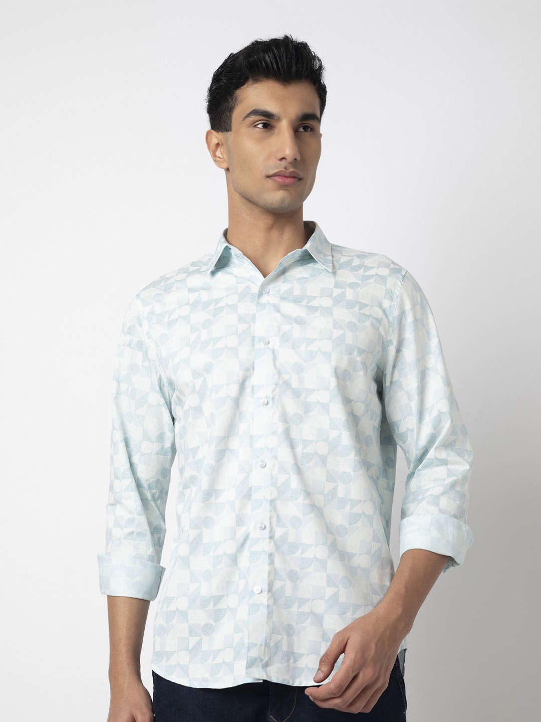 

MARK & ALBERT Men India Slim Fit Spread Collar Geometric Printed Cotton Casual Shirt, Blue